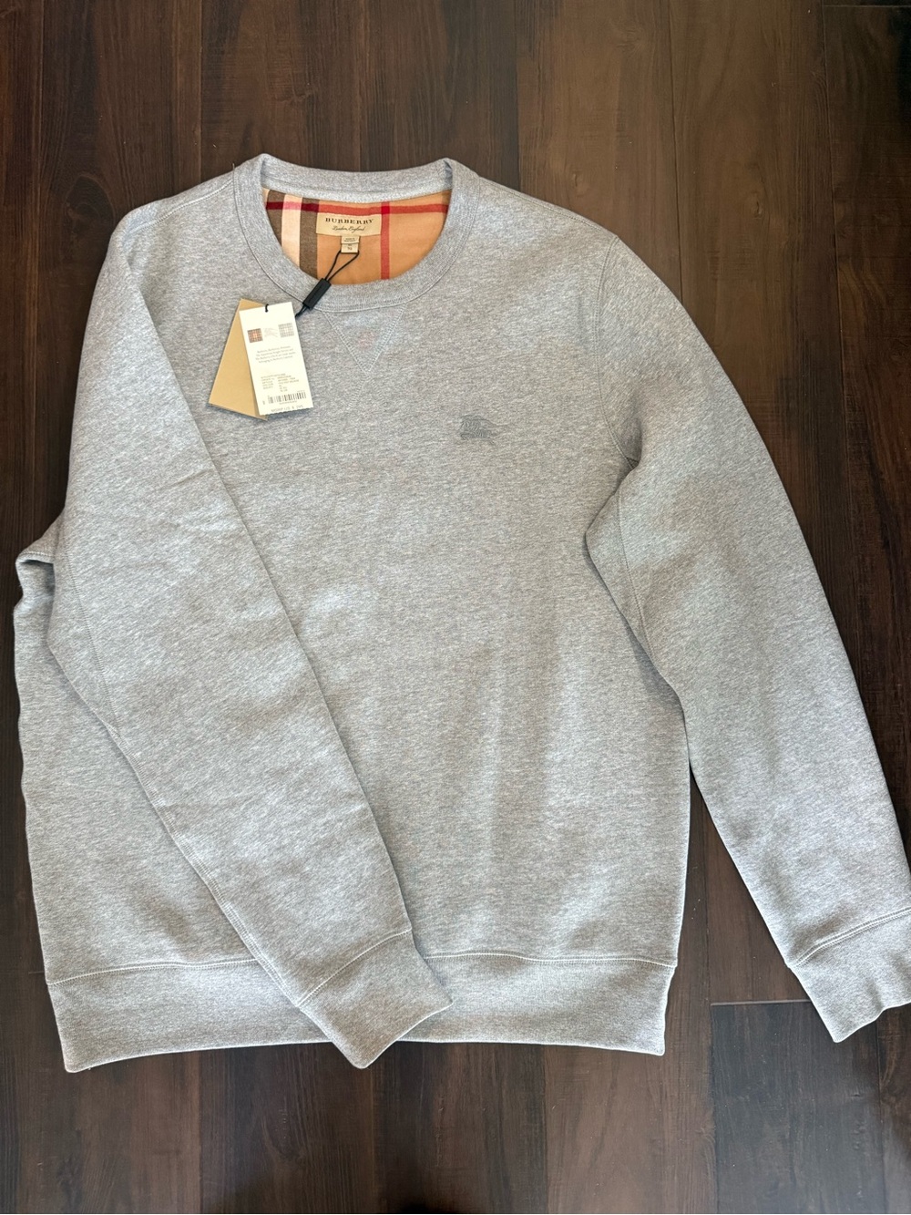 Burberry Light Gray Crewneck Sweatshirt with Iconic Check Trim